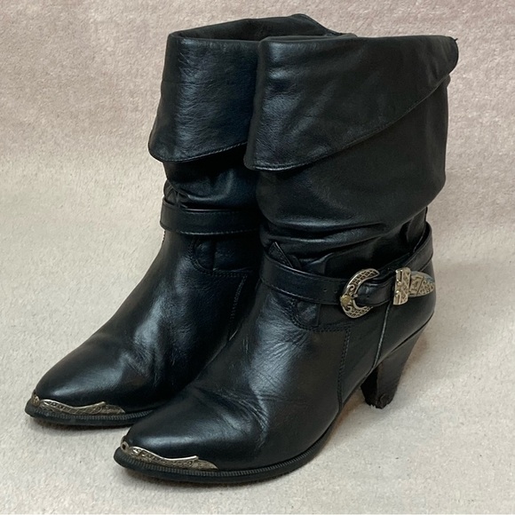 Zodiac Shoes - Vintage Zodiac Leather Western Boots-Black-Slouchy-Metal Accent Detail-Women’s 6